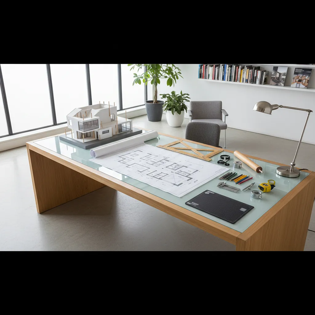 Bản vẽ kiến trúc nhà ở cùng mô hình nhà trên bàn thiết kế