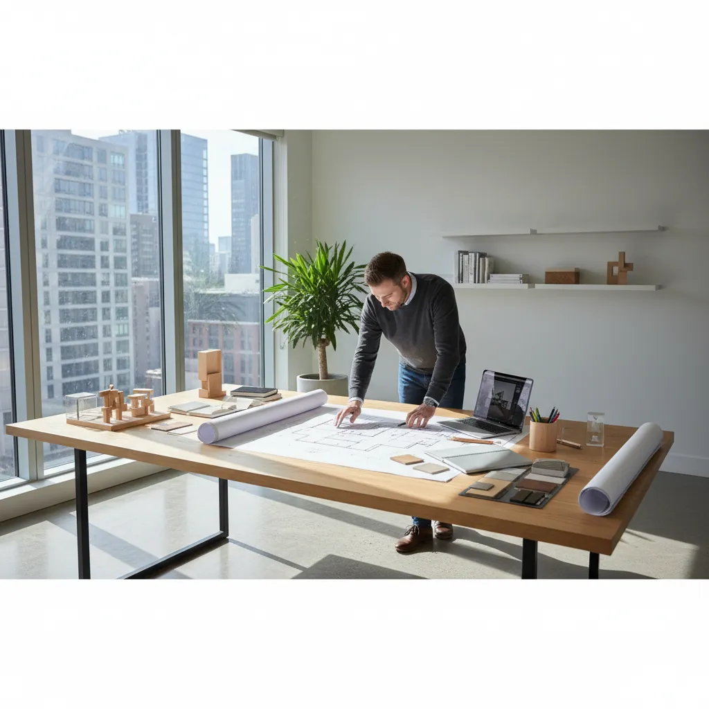 Professional designer looking at a large paper house plan on a wooden desk near windows