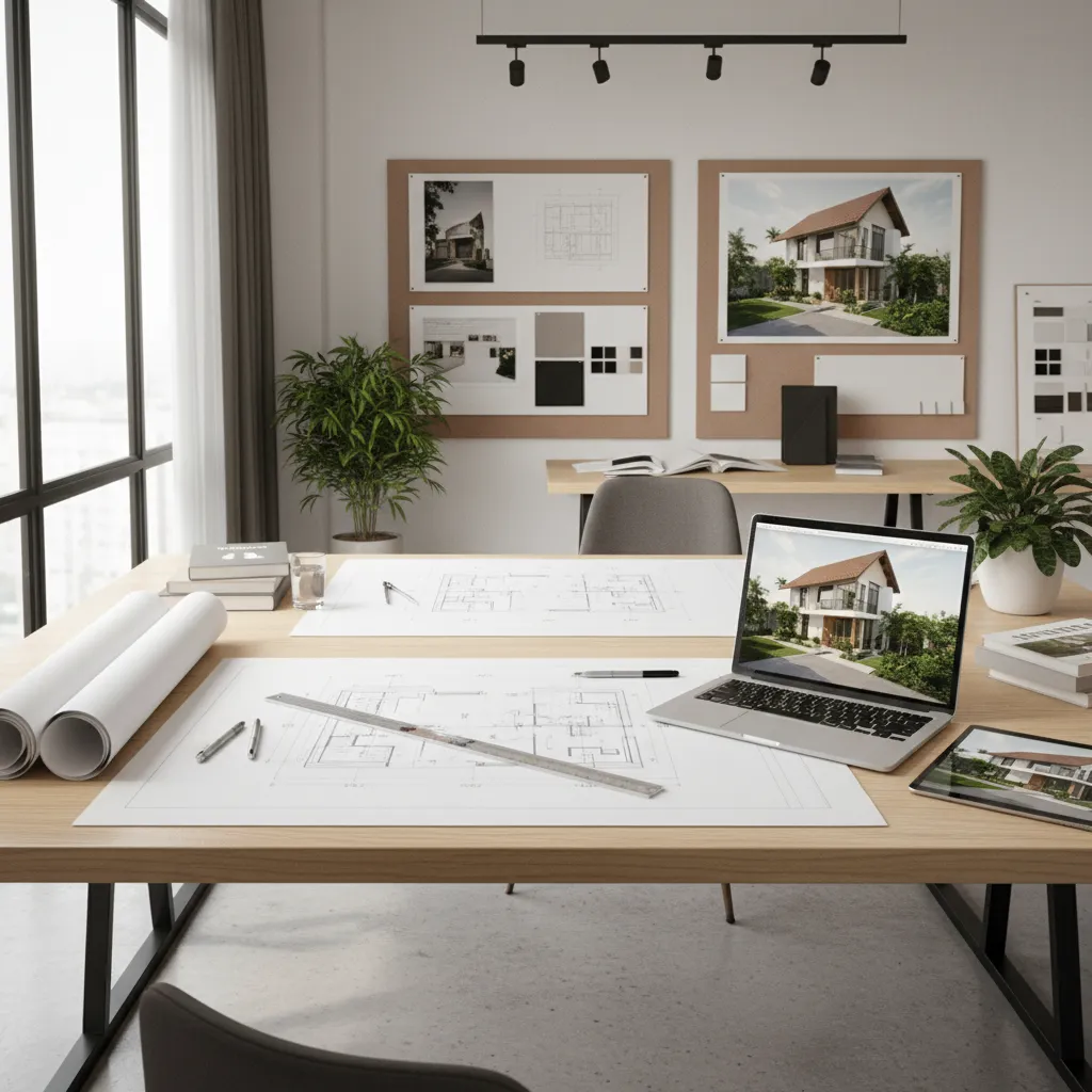 Architect desk with floor plans laptop showing a house and interior design drawings on wall