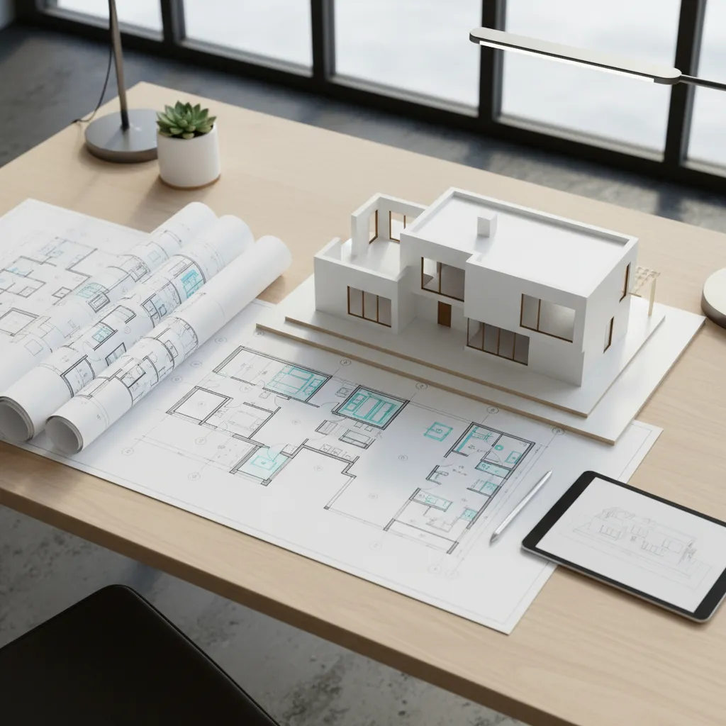 Wooden desk with interior design drawing paper rolls a white house model and digital tablet