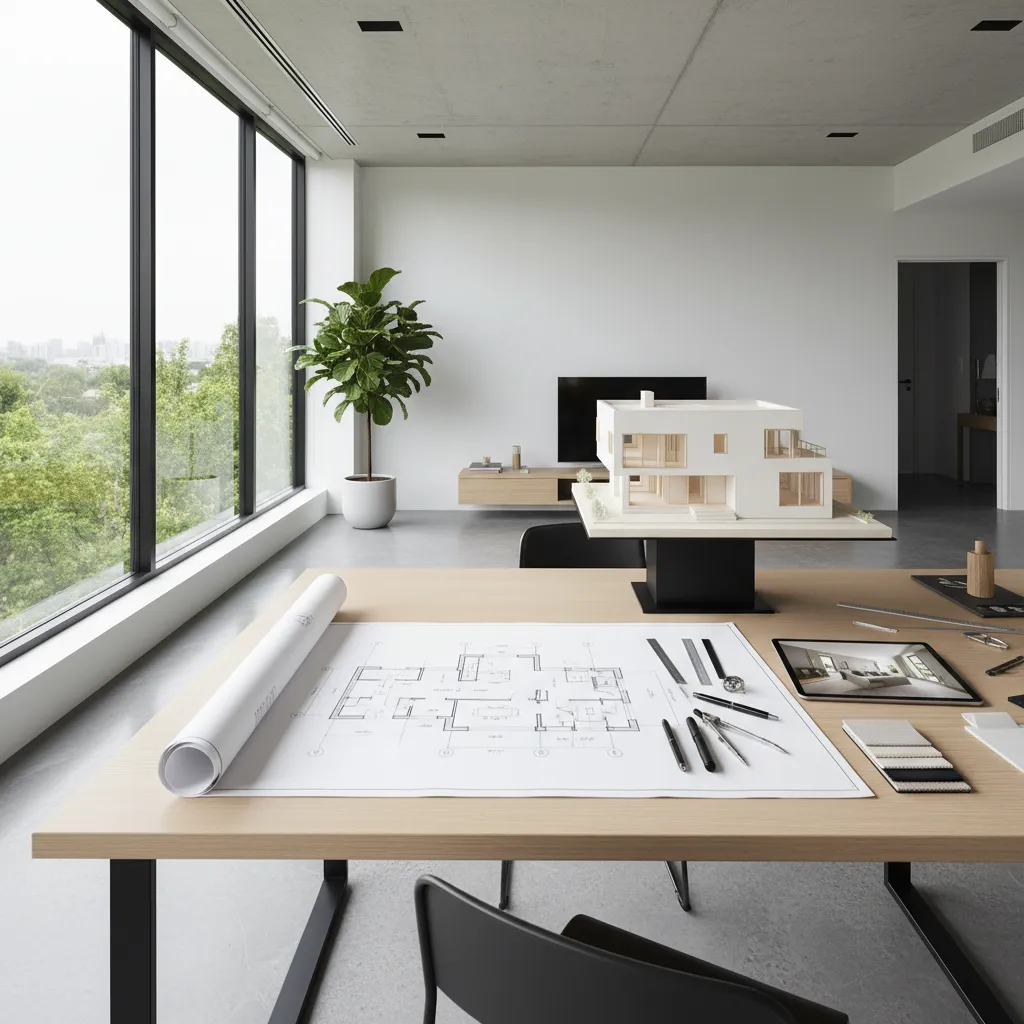 Wooden desk with paper floor plan and white house model in bright modern home office