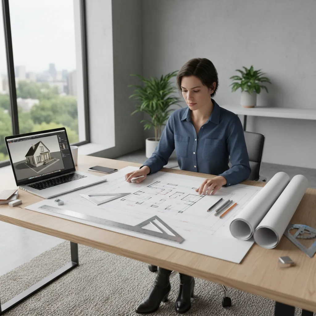 Designer sitting at wooden desk reviewing paper floor plan next to laptop showing 3D model