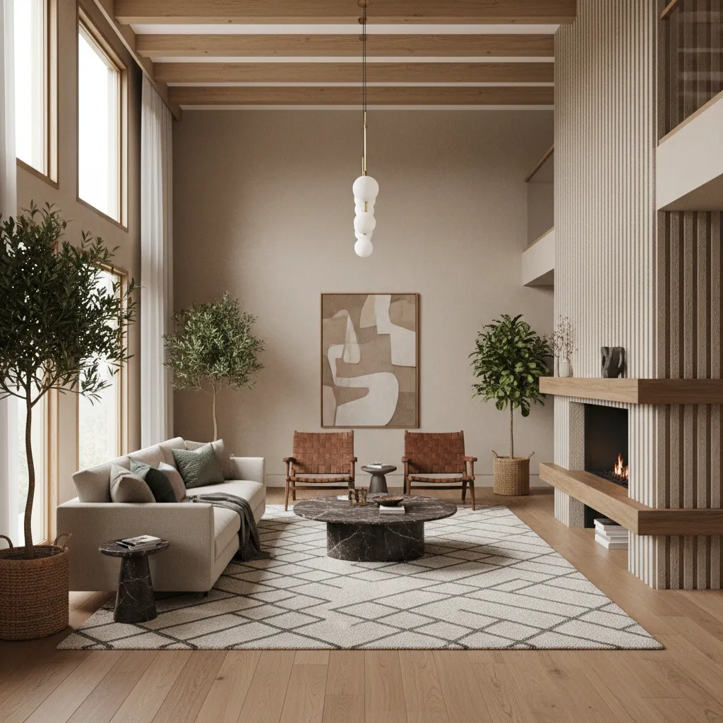 Modern living room with beige sofa marble coffee table wooden ceiling beams fireplace and green plants