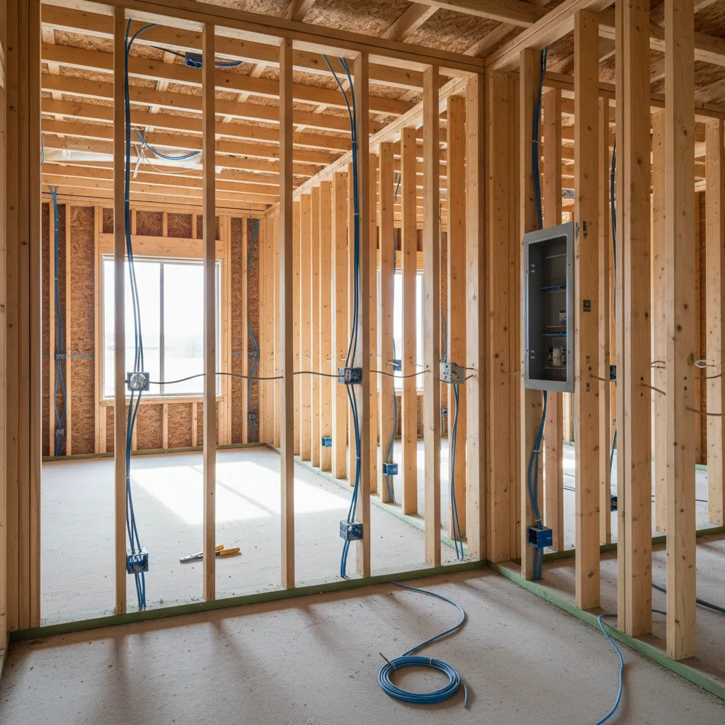 Electrical rough in wiring inside wall framing of a residential construction project