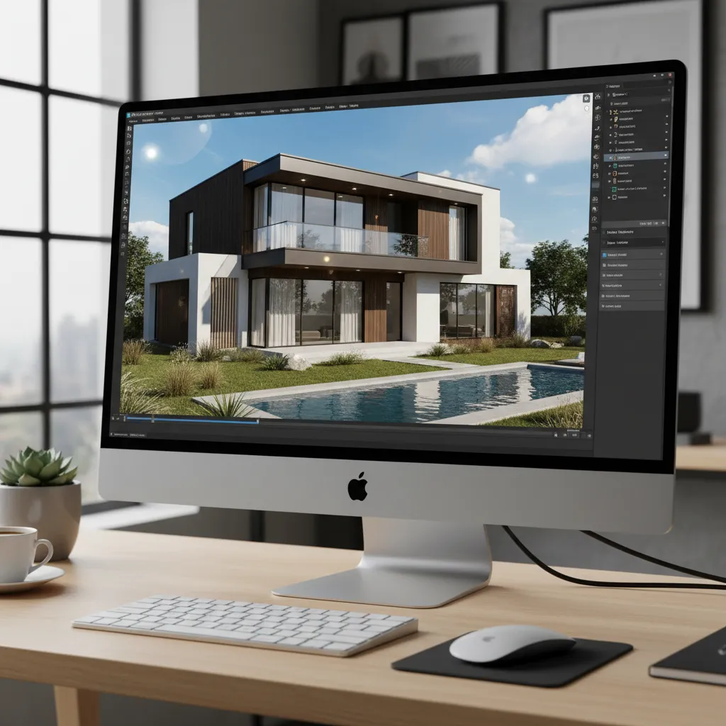 photorealistic 3D rendering of modern house elevation on computer screen