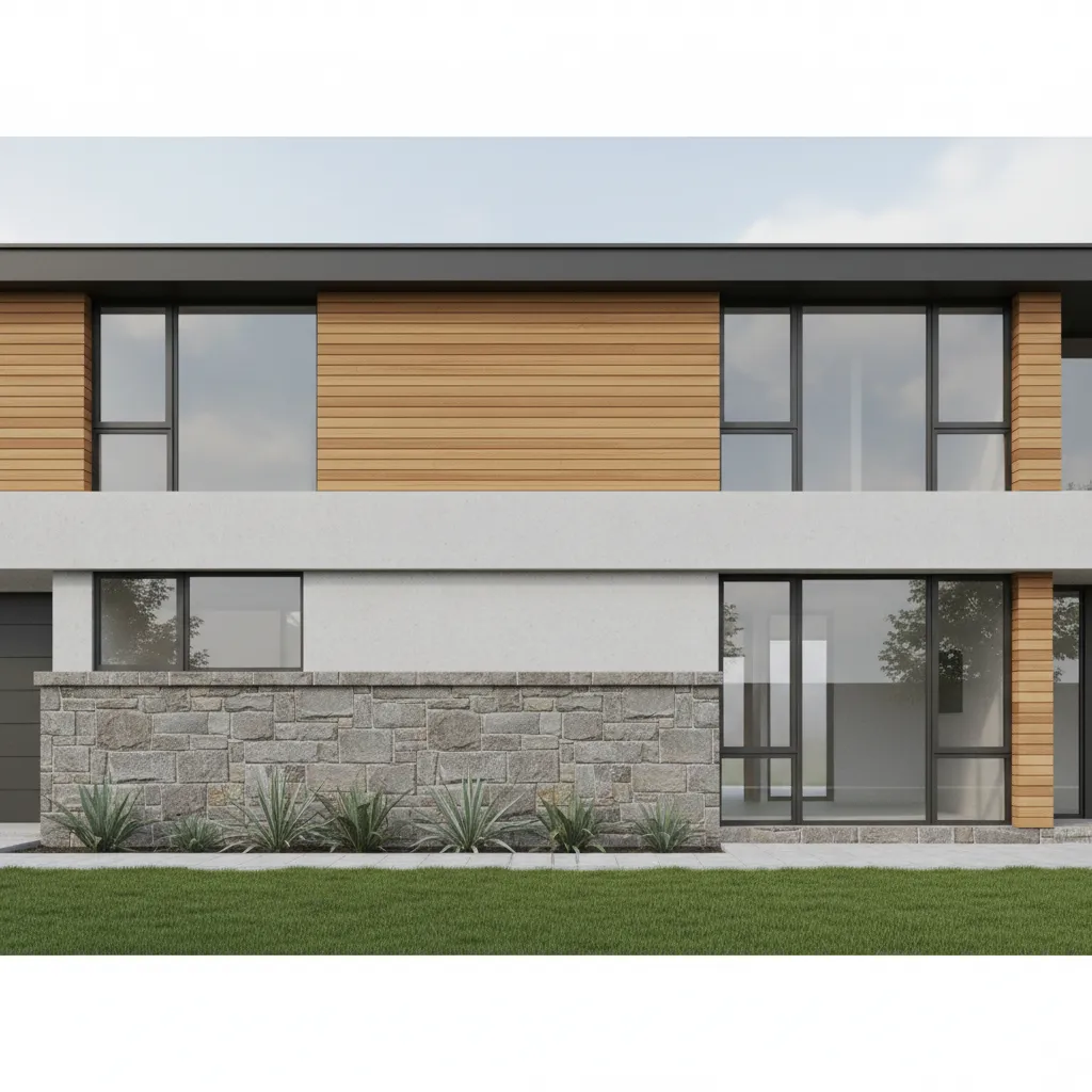 Architectural visualization showing different facade materials arranged on modern home exterior