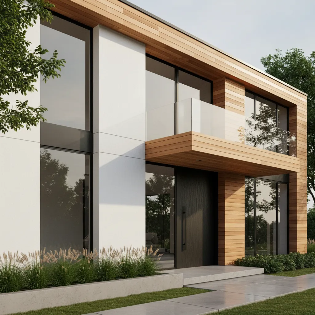 house elevation showing wood panels concrete facade and large windows