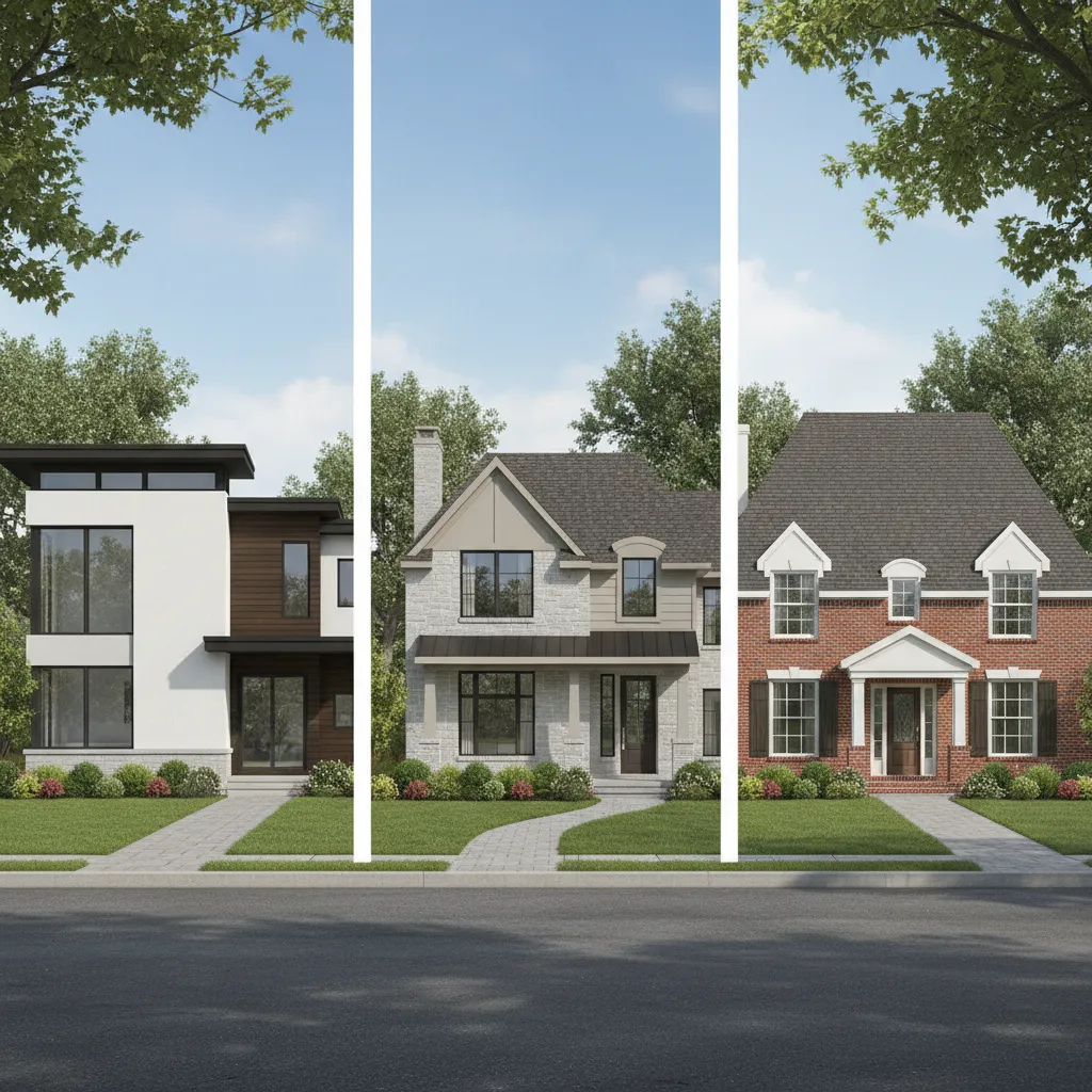 different residential elevation styles including modern and traditional house facades