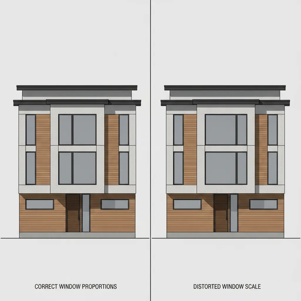 comparison of correct and incorrect window proportions in house elevation design