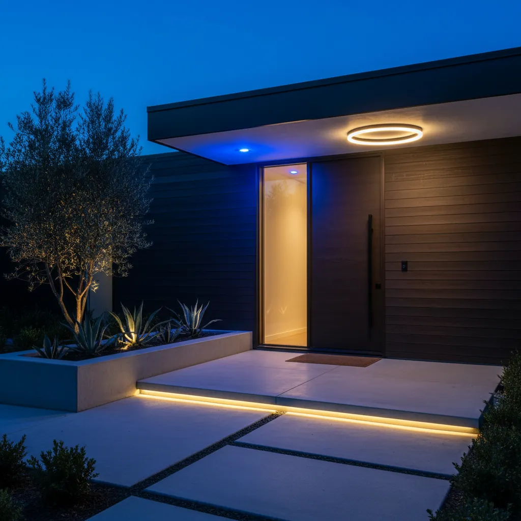 front door entrance illuminated with blue porch lighting symbolizing community support