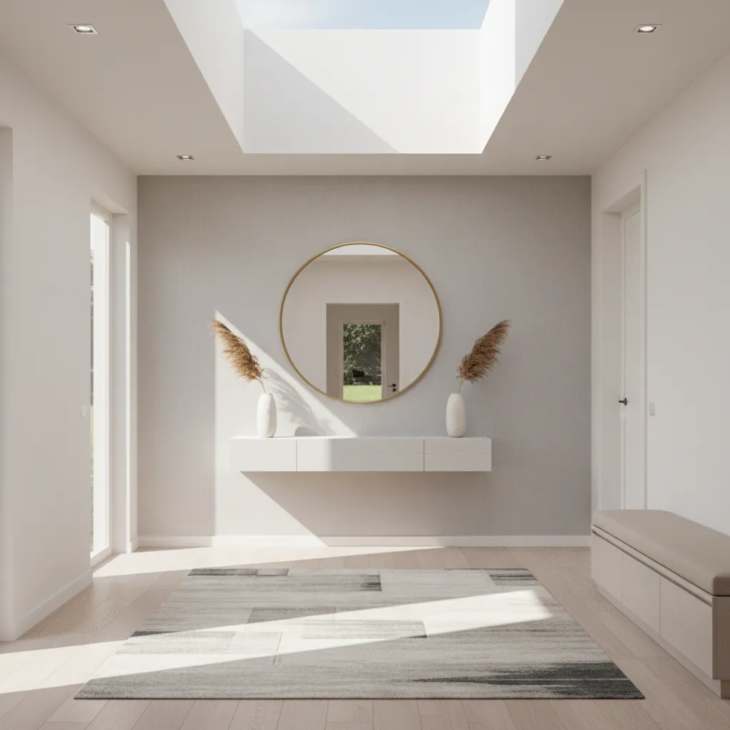 Bright organized home entrance with open circulation and natural light