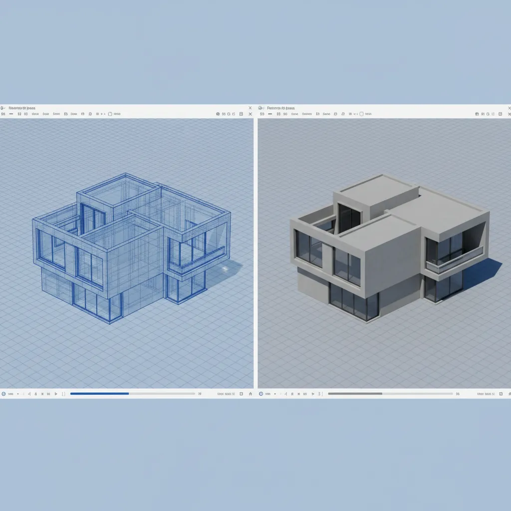 architectural 3D model of a house exterior during rendering process