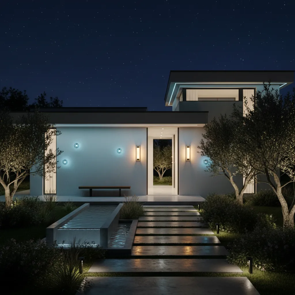Modern house exterior with subtle blue accent porch lighting