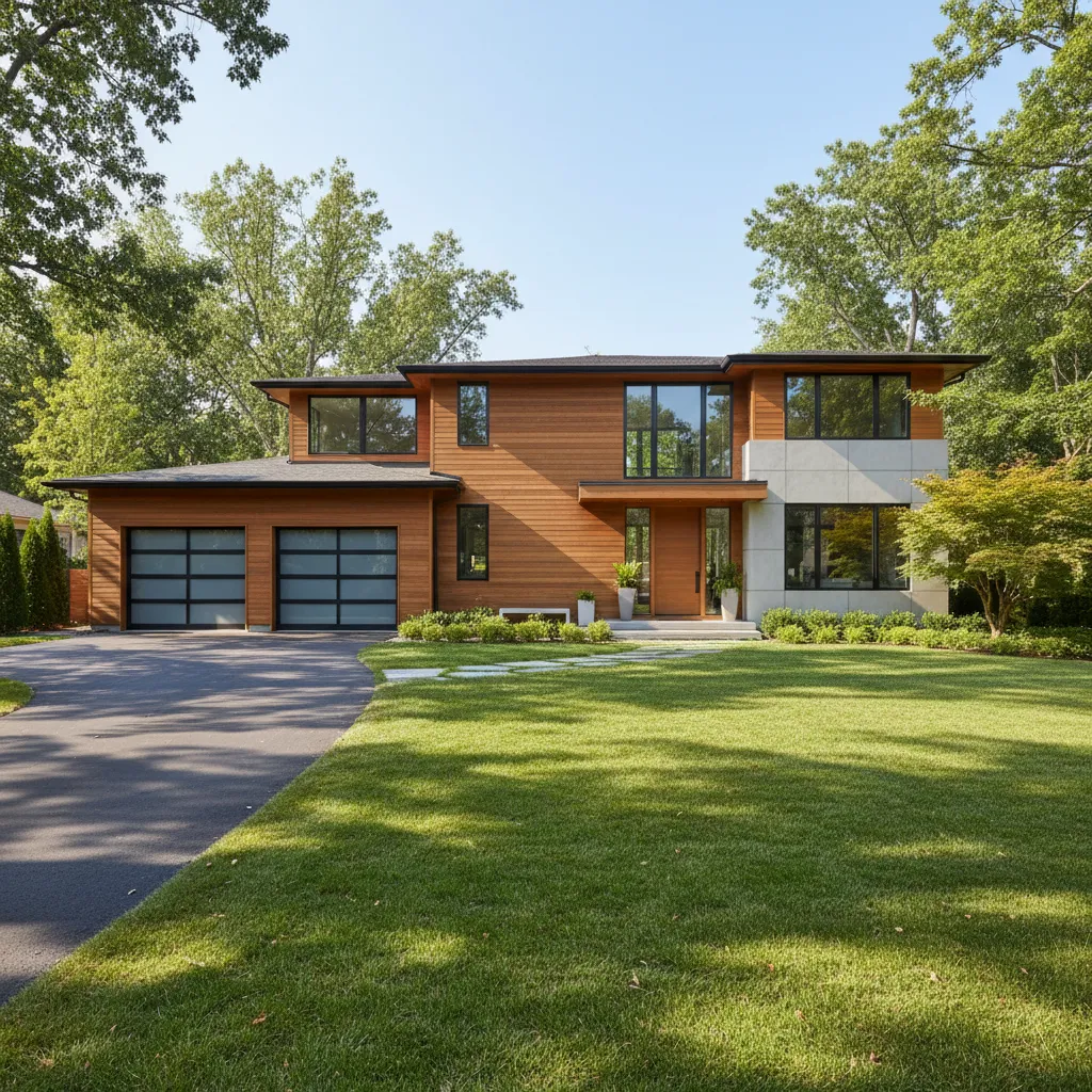 daylight photorealistic render of a residential home exterior with trees and driveway