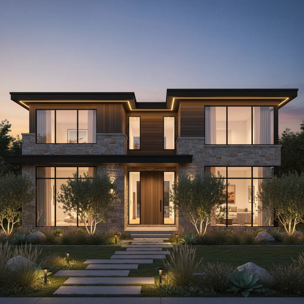 Modern house exterior facade with stone siding lighting and landscaping