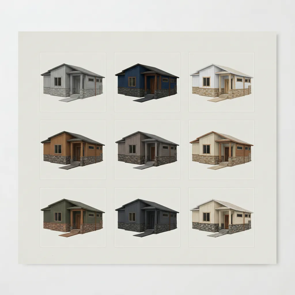 3D rendering showing multiple siding and color options for a house exterior