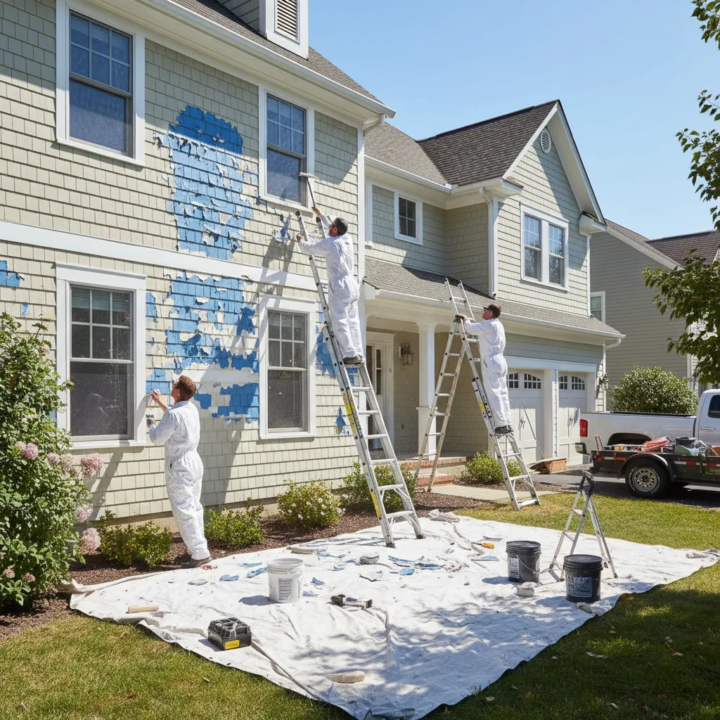 Contractor preparing house exterior by scraping old paint before repainting