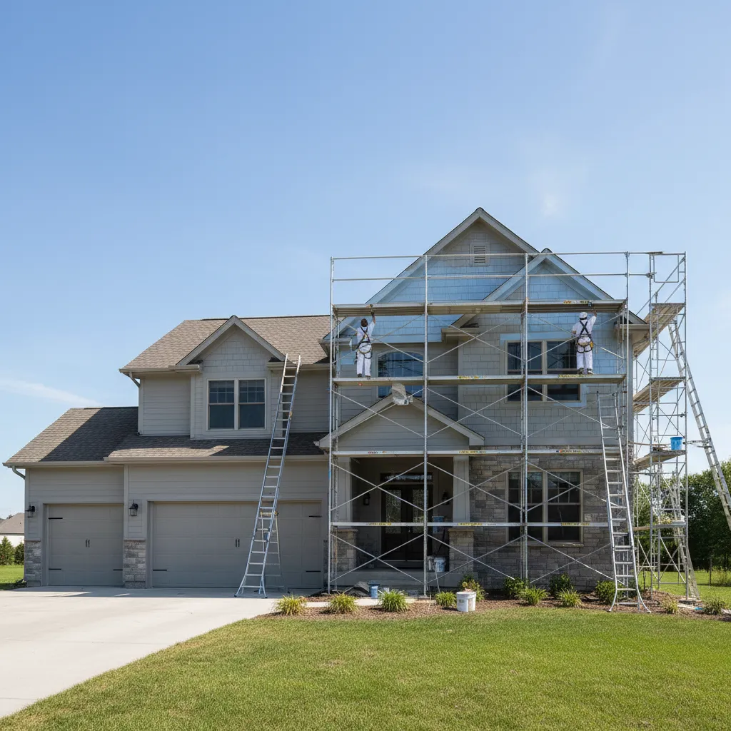 Large two story home with scaffolding during exterior painting work