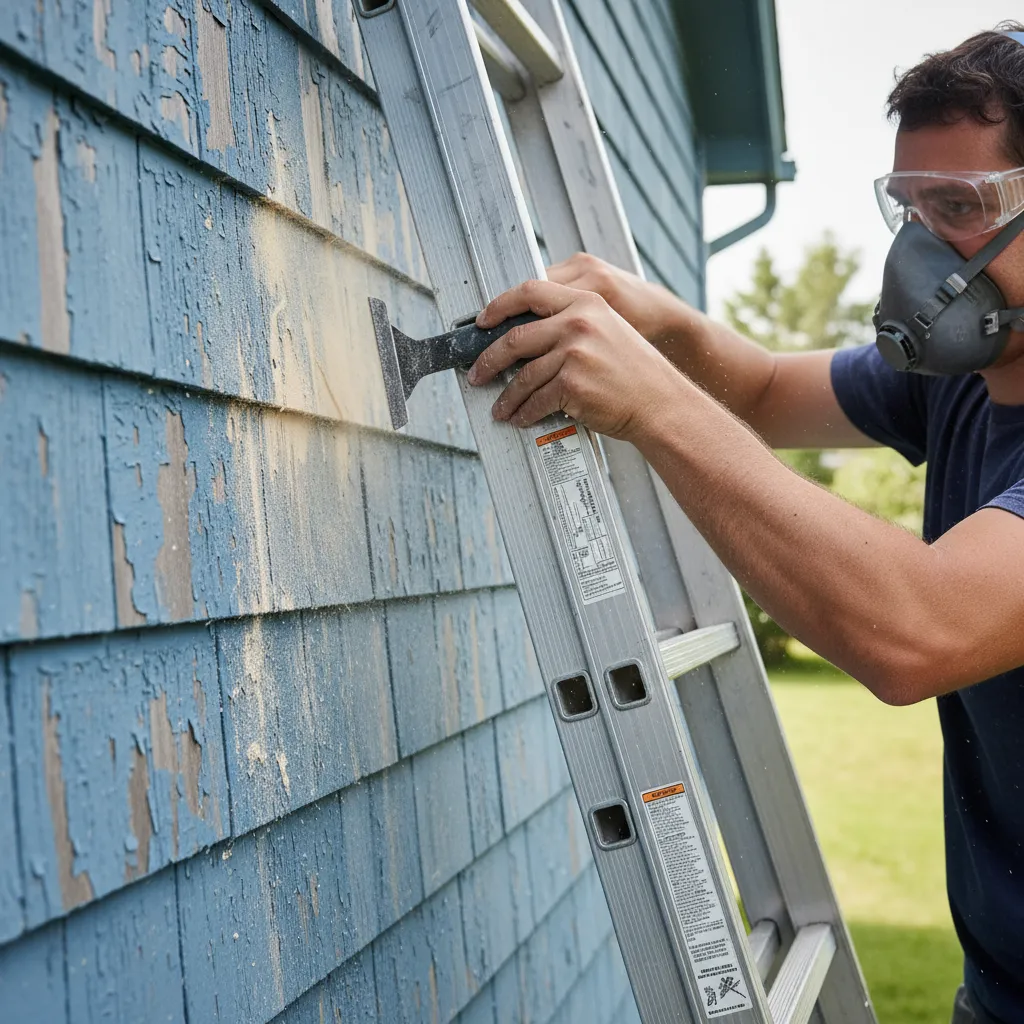 Painter scraping and sanding house siding before repainting