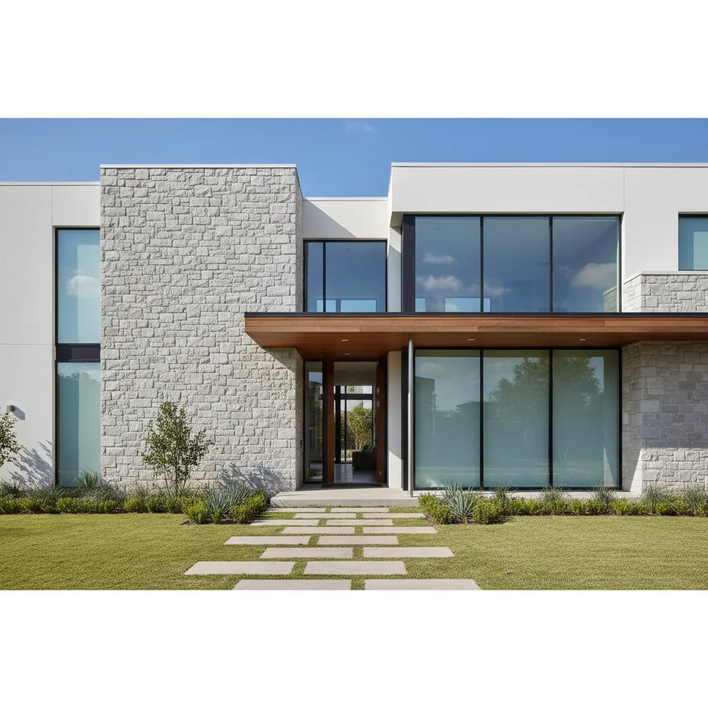 Modern house exterior featuring grey stone walls large glass windows wooden entrance and stone path