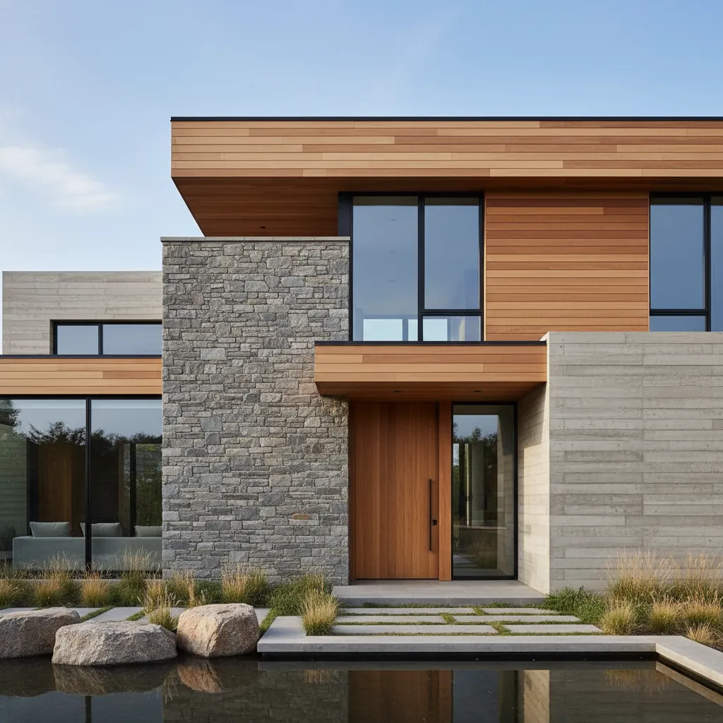 Modern house exterior combining stone walls, wood siding, large windows, and a small front pond