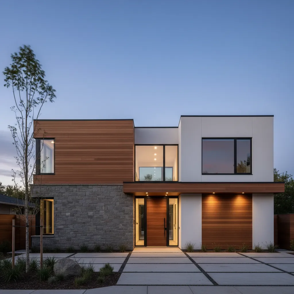 Modern house facade showing balanced use of stone wood and stucco