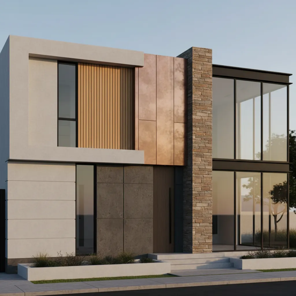 Exterior materials comparison showing stucco concrete wood and glass facade panels