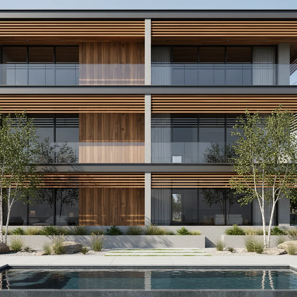 Modern house facade with balcony overhangs and shading louvers