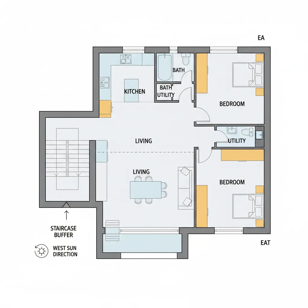 Two bedroom apartment floor plan layout showing kitchen living room bathroom staircase and sun orientation