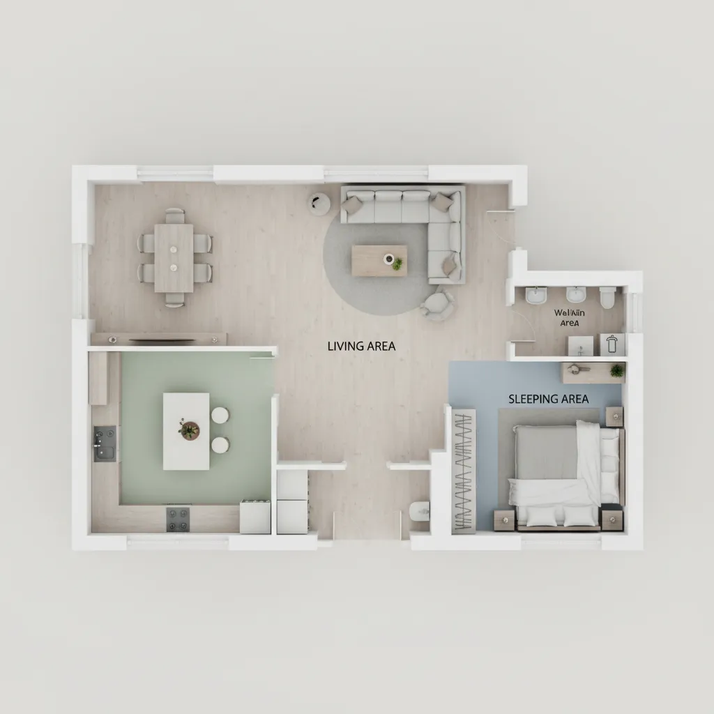 House floor layout zoning showing living sleeping and kitchen areas