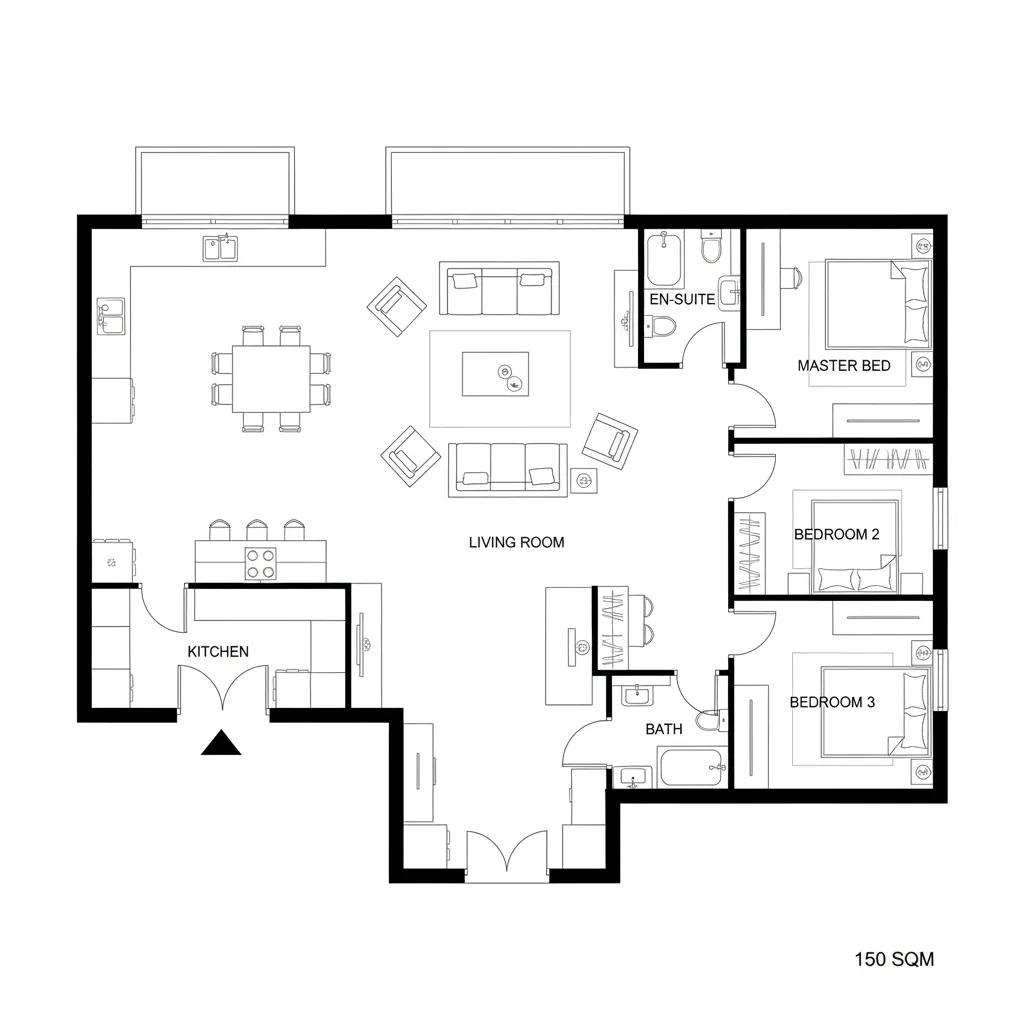 Plano arquitectónico de casa de 150 metros cuadrados