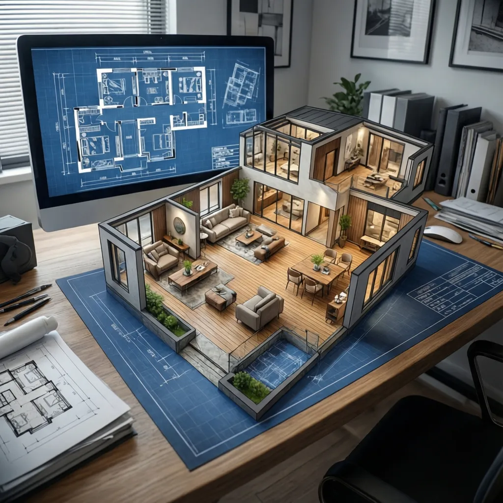 Coohom workspace showing a computer screen with floor plans and a house interior design drawing