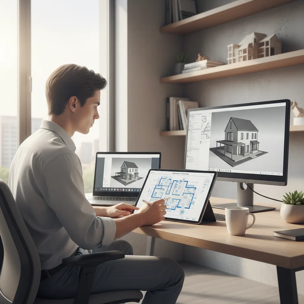 pessoa usando aplicativo para desenhar planta baixa de casa em tablet