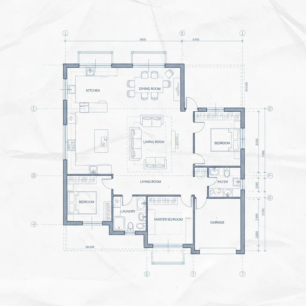 House floor plan drawing showing kitchen, dining room, living room, bedrooms, laundry, and garage layout