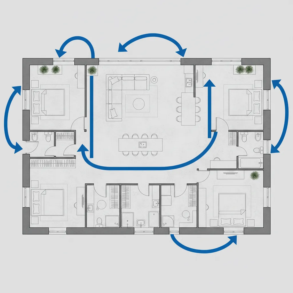 House floor plan showing room layout paths with blue arrows between bedrooms and living room