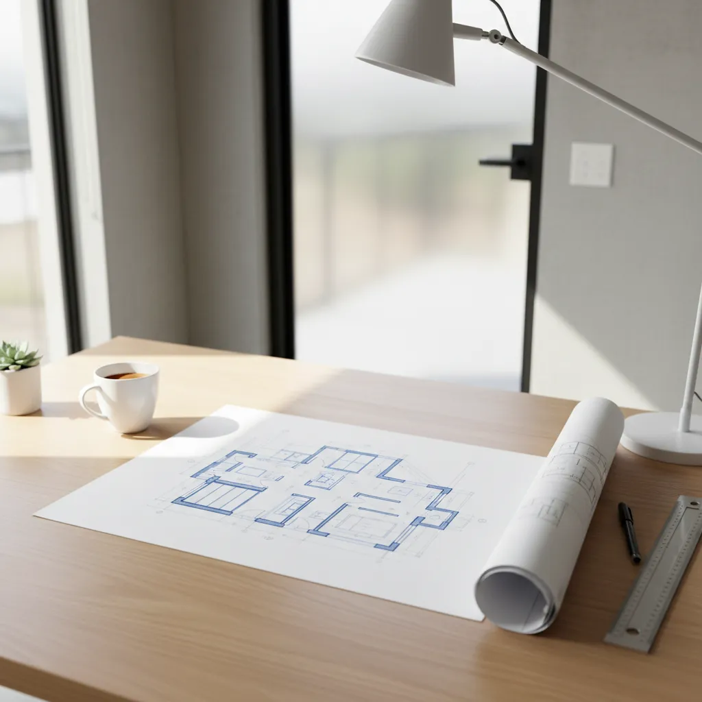 Wooden desk with house floor plan drawing paper roll ruler pen coffee cup and lamp