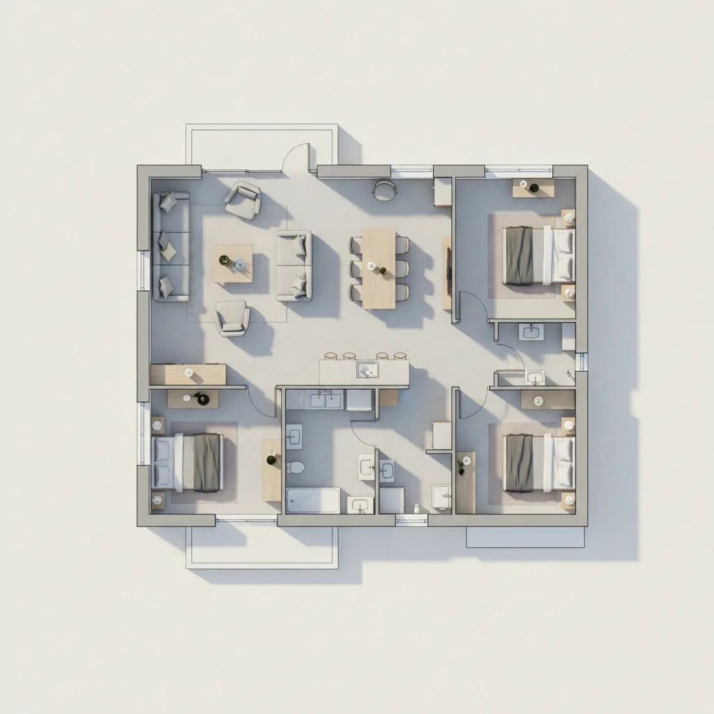 Plano de distribución de una casa moderna visto desde arriba