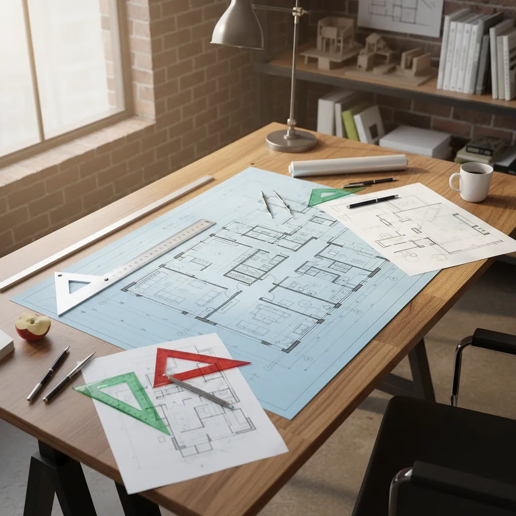 Plano arquitectónico detallado de una casa sobre mesa de trabajo