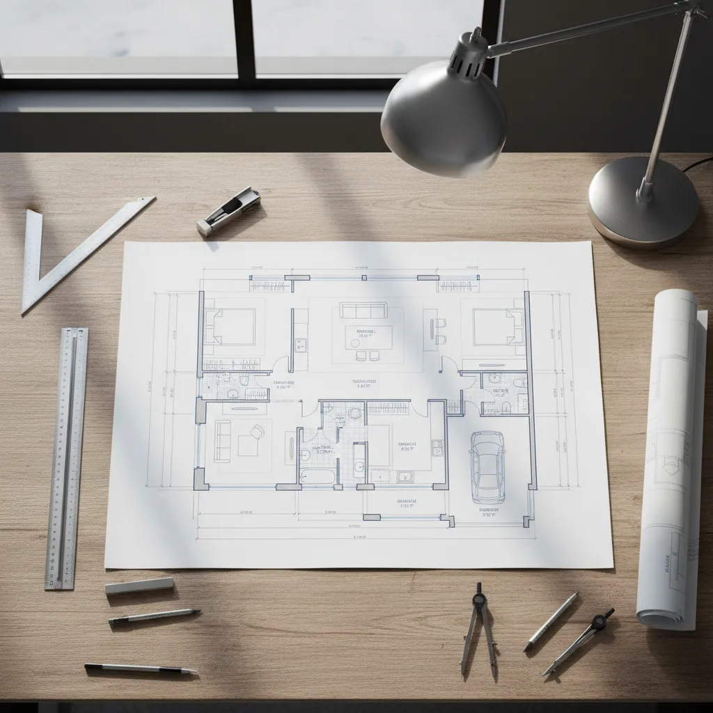 Interior design drawing of a floor plan on wooden desk with ruler pencils and lamp