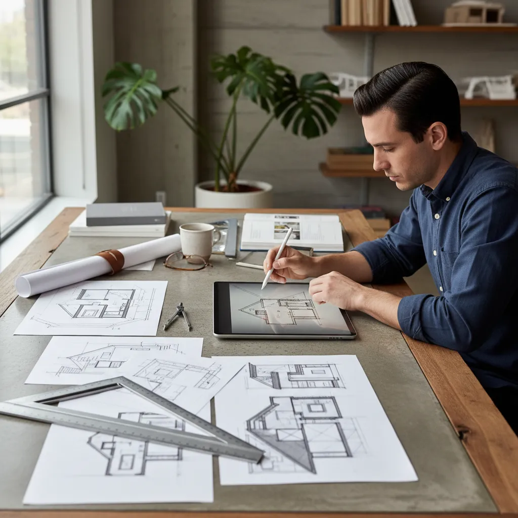 Proceso de creación de plano de vivienda moderna con bocetos y tablet