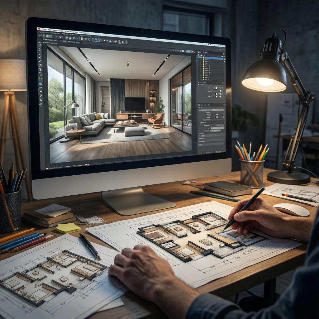 Designer drawing room layout on paper while screen shows modern living room interior design drawing