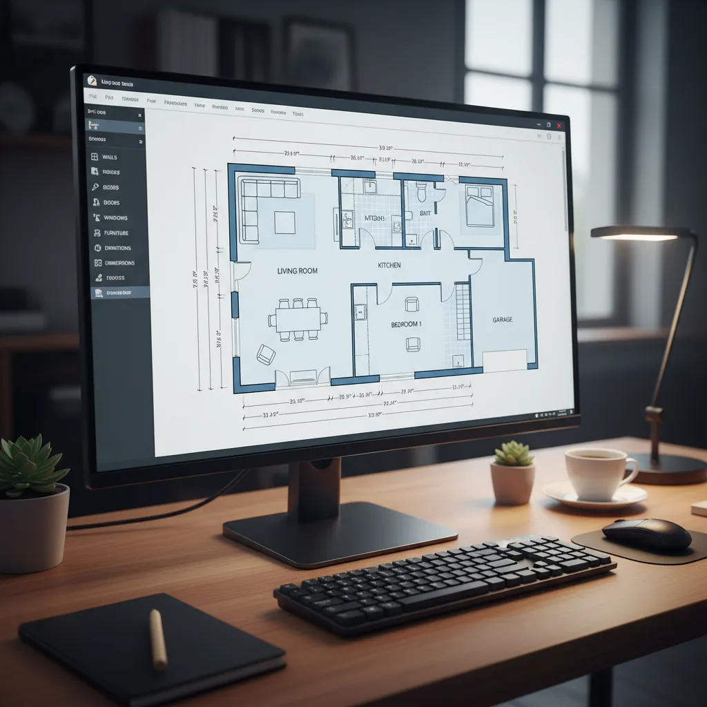 Interfaz de software mostrando plano de casa en 2D con medidas