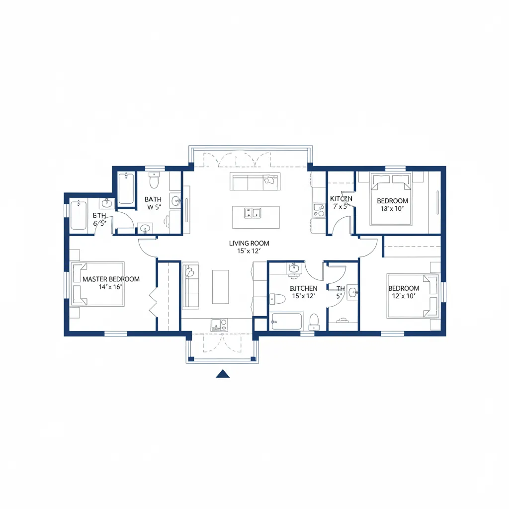 Plano arquitectónico con medidas de habitaciones y distribución clara