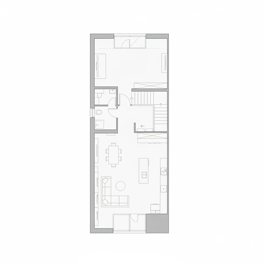 Sơ đồ mặt bằng nhà phố thể hiện bố trí phòng và cầu thang