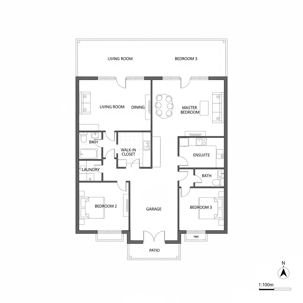 Simple black and white house floor plan layout featuring master bedroom, living room, and garage