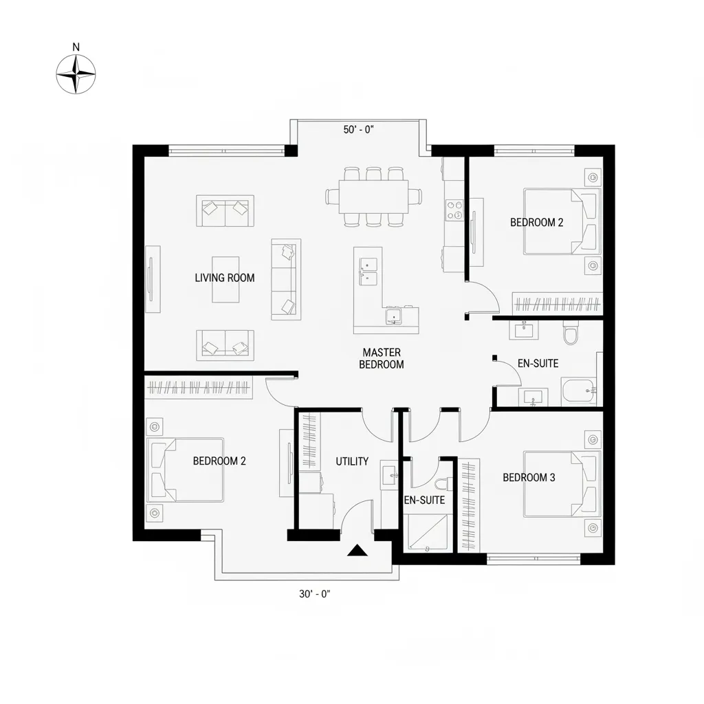 Black and white house floor plan layout showing a living room kitchen and three bedrooms