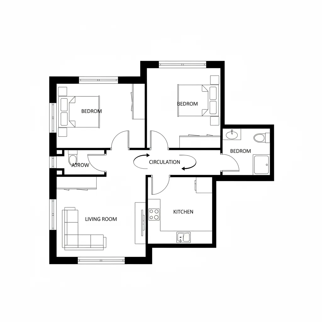 Black and white room layout diagram showing two bedrooms living room kitchen and house circulation arrows