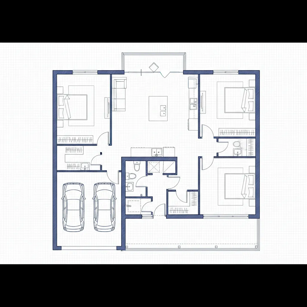 Blue house floor plan layout showing three bedrooms, two bathrooms, kitchen, and two car garage