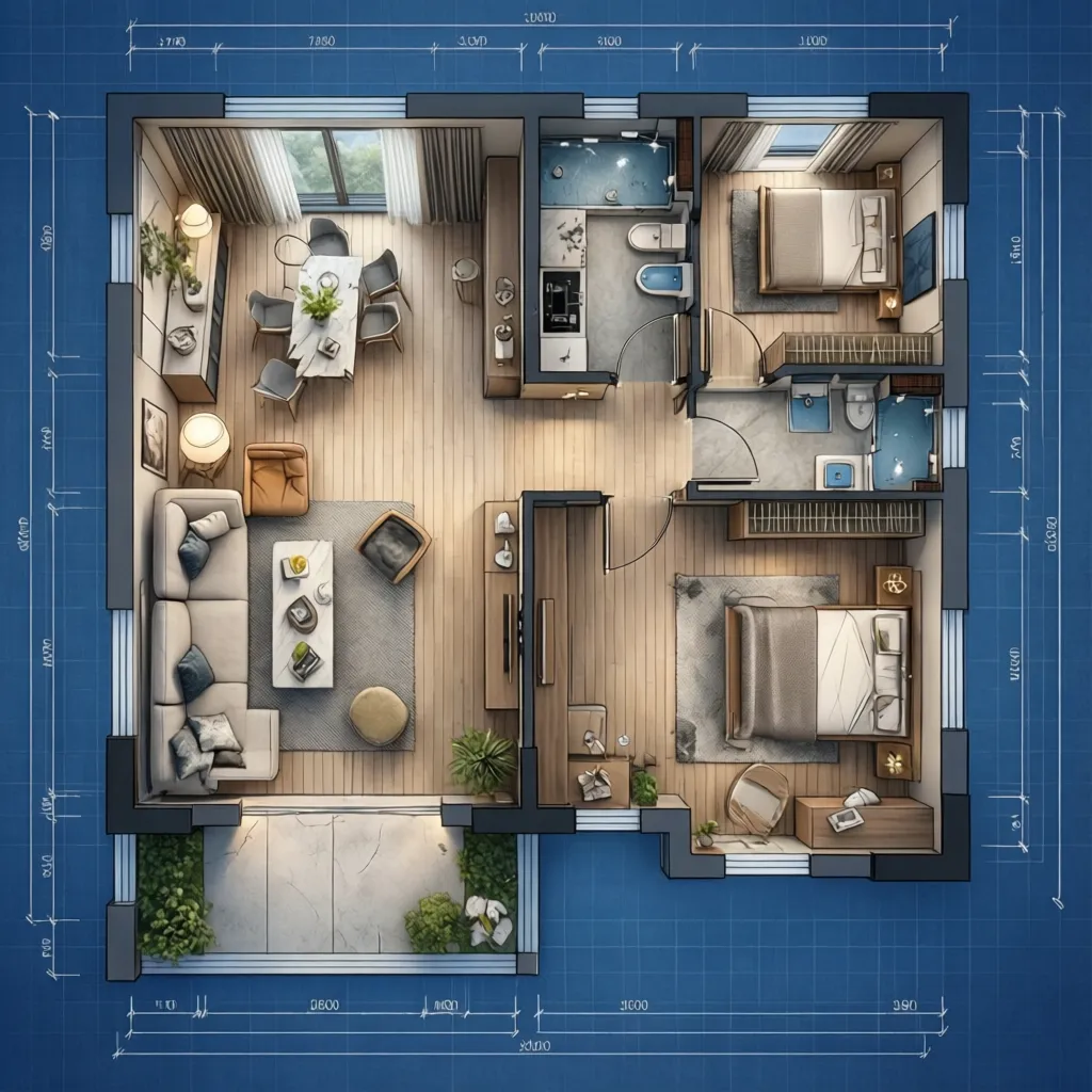 Top view interior design drawing of a house floor plan with furniture on blue paper