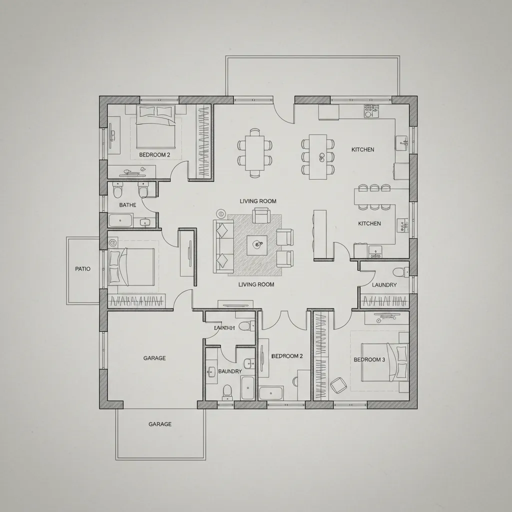 Plano de distribución de casa moderna con sala, cocina y dormitorios claramente definidos